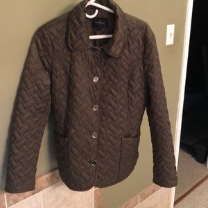 EUC COLE HAAN Dark Brown Quilted Utility Jacket With Lambskin Trim